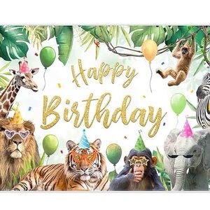 Happy Birthday Jungle Animal Backdrop - Gold Lettering